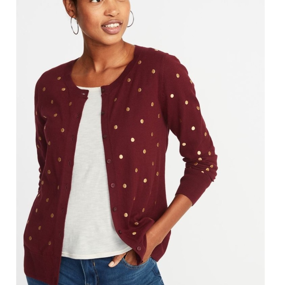 Old Navy Burgundy Cardigan with Embroidered Gold Polka Dots Sz M